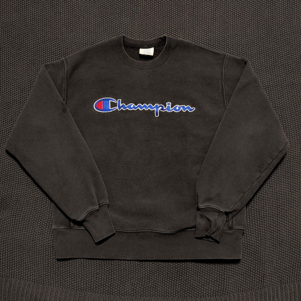 Champion Reverse Weave Sweatshirt Mens Large Black Chenille Logo Pullover